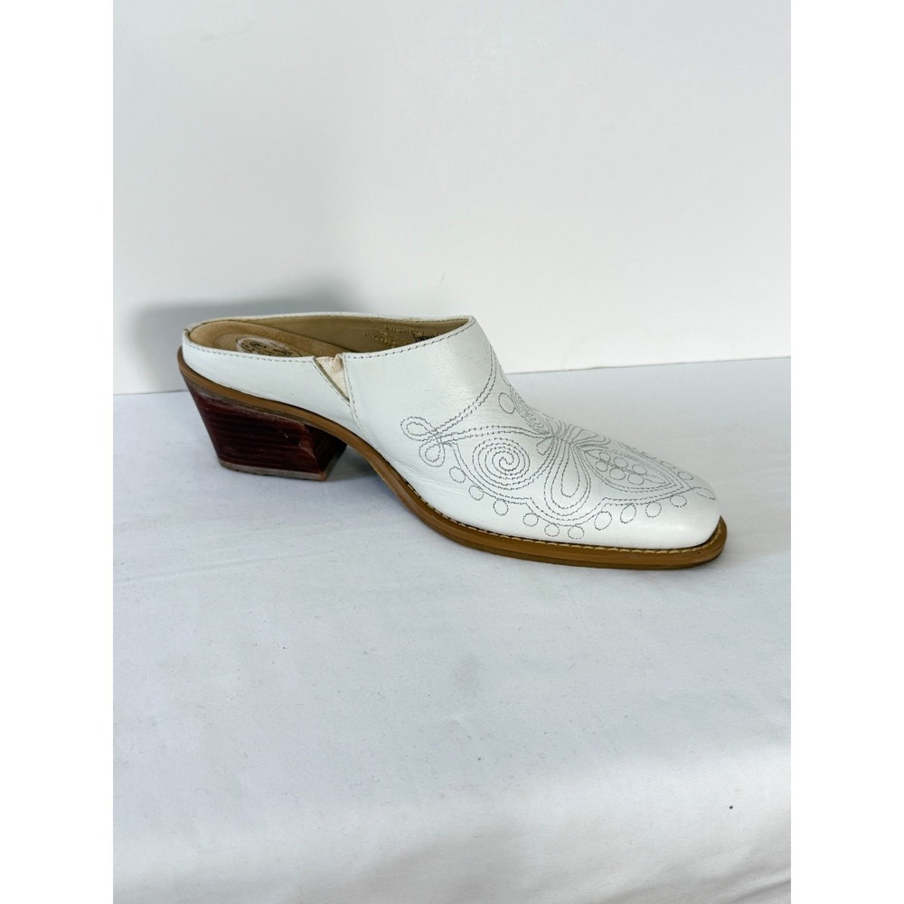 Dr. Scholls Leather White Embroidered Mules 6 Western Round Up Clogs Block Heel